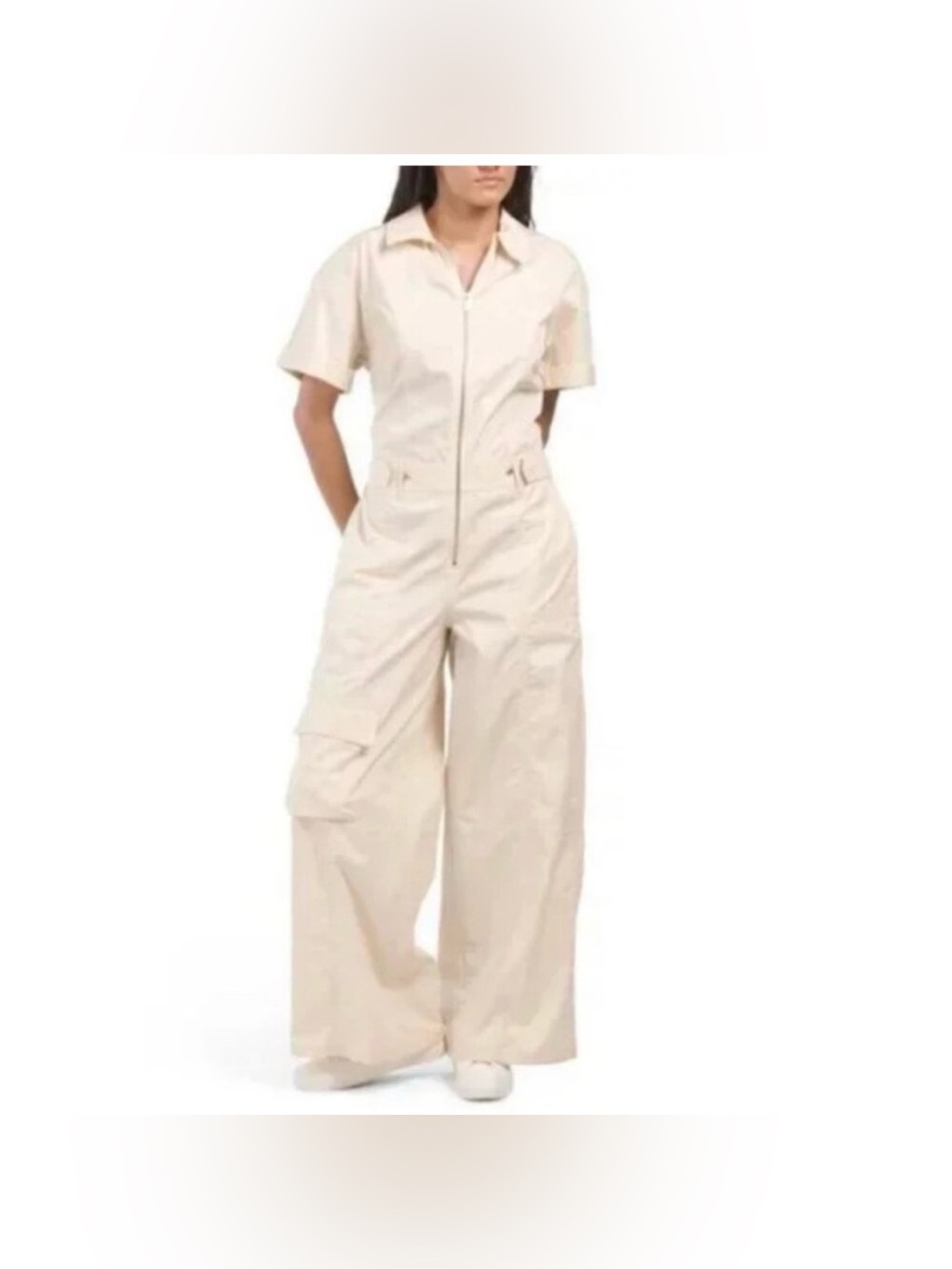 Zara Cream Short-Sleeve Wide-Leg Jumpsuit with Front Zip